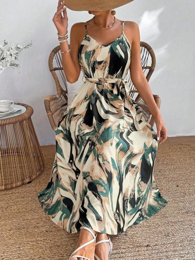 Women's Spaghetti Strap V-Neck Waist Belted Long Patterned Supreme Dress