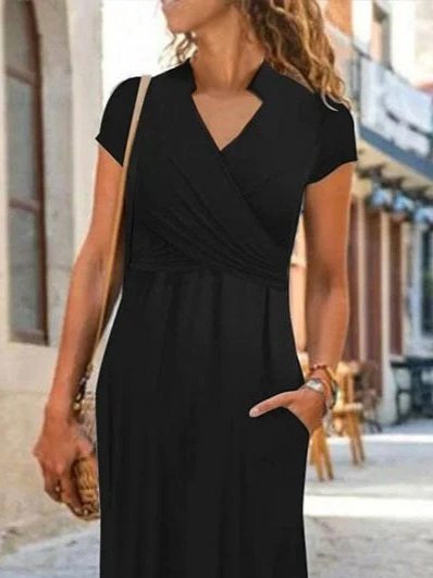 Women's Short Sleeve Mandarin V Neck Viscose Dress