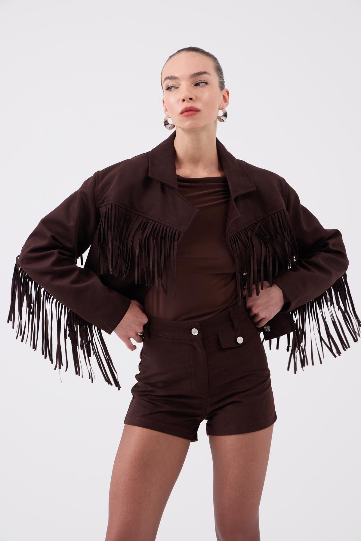 Yüksek Bel Mini Valeri Süet Şort Kahve