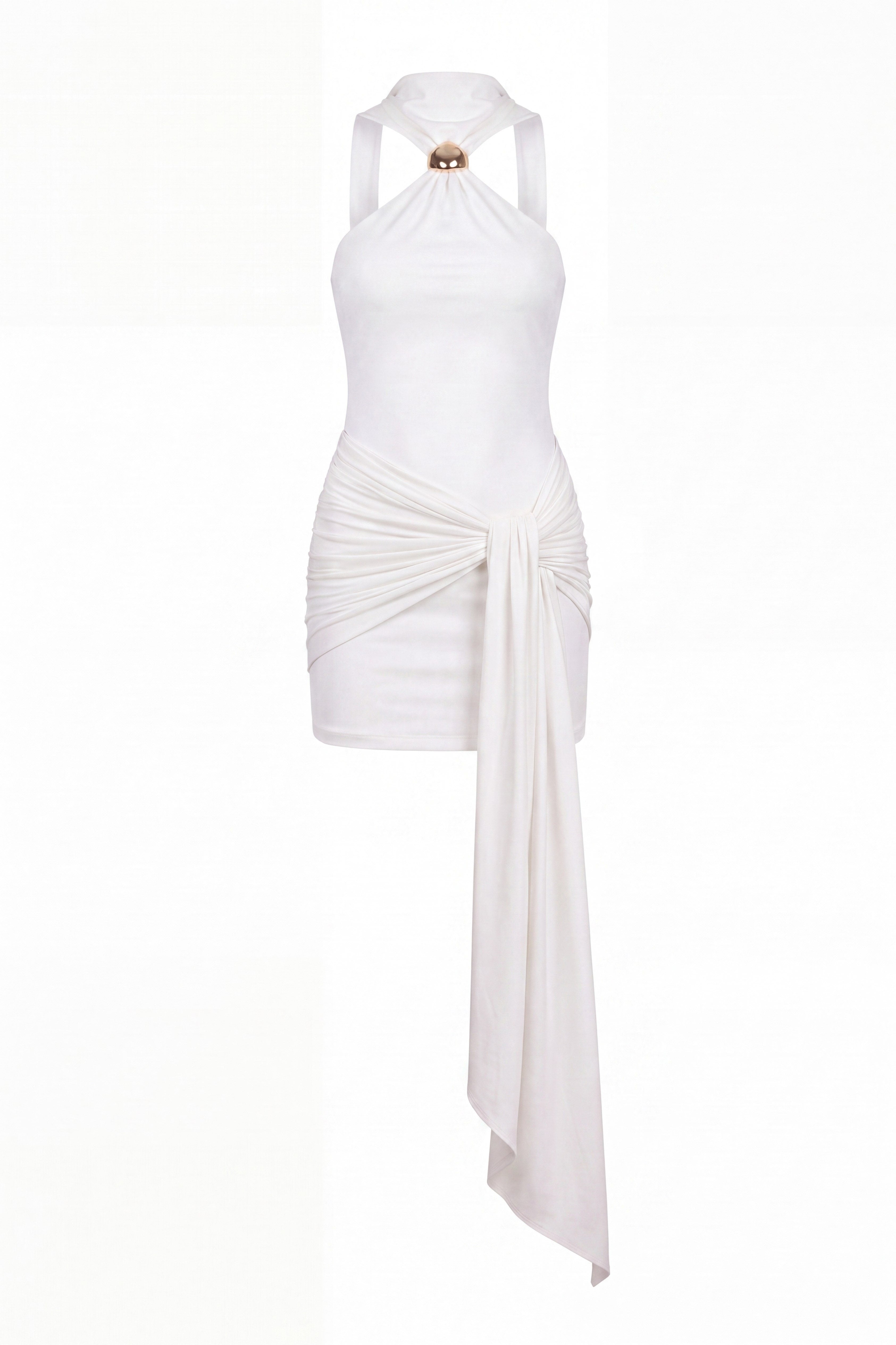 Halter Yaka Aksesuarlı Mini Lilian Elbise Beyaz
