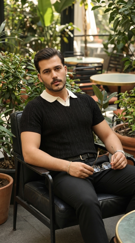 Erkek Desenli Kısa Kollu Triko Tişört - %100 Pamuk Akrilik