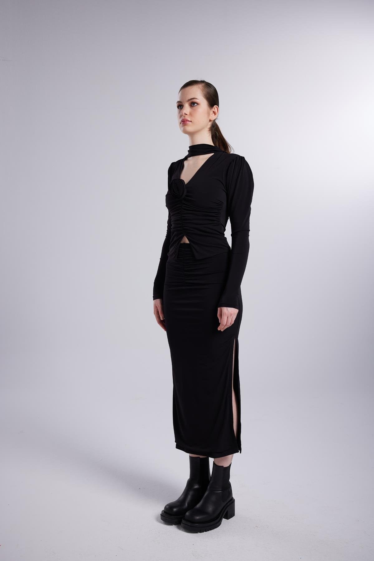 Çift Yırtmaçlı Maxi Serre Etek Siyah