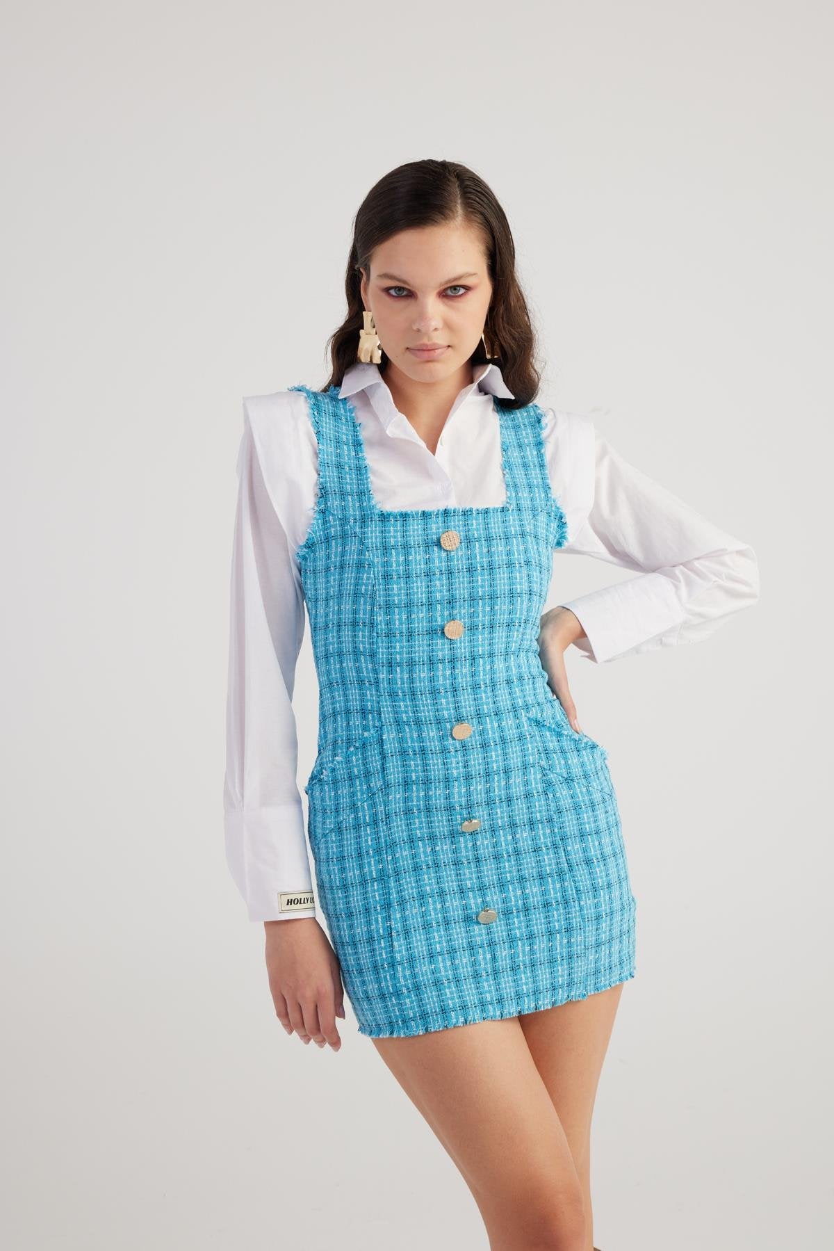 Metal Düğme Detaylı Mini Tüvit Tweed Elbise Mavi