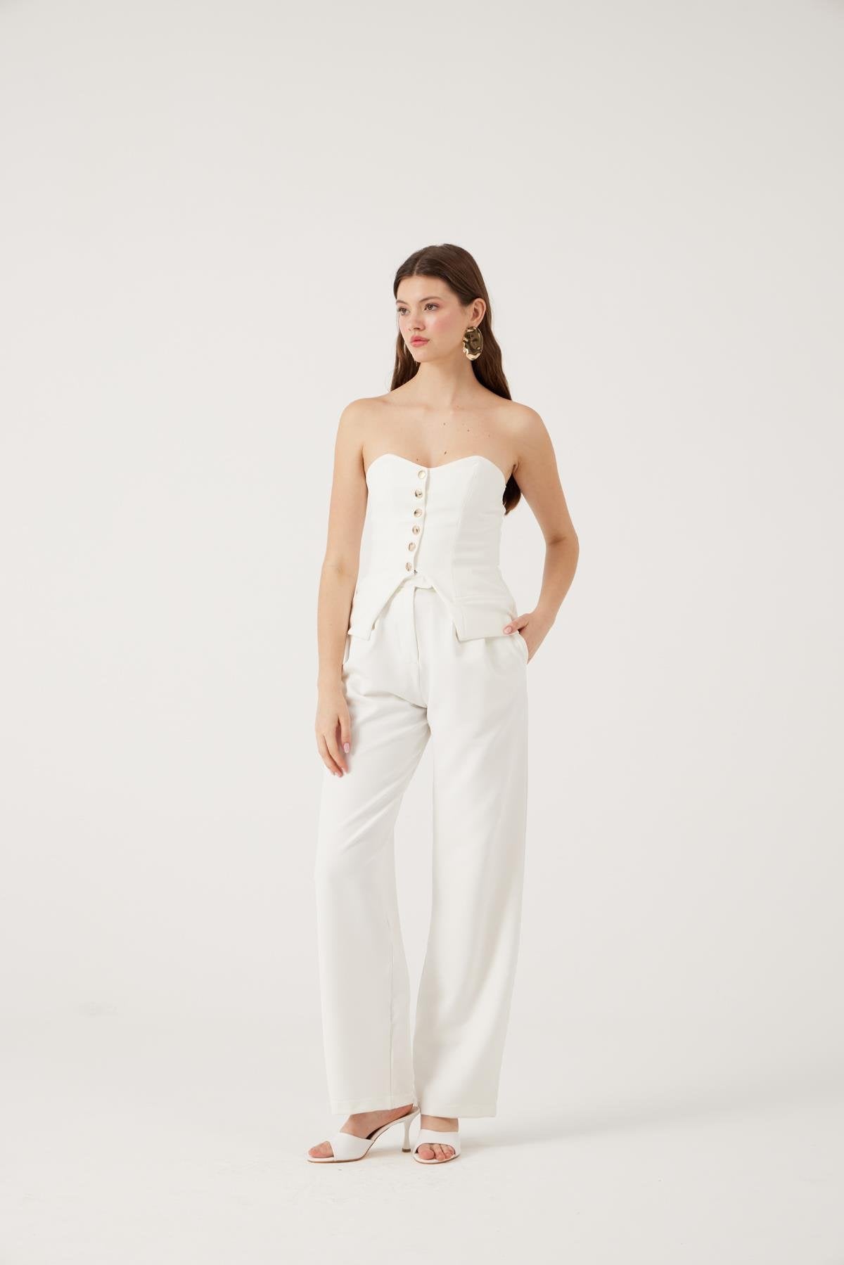 Palazzo Kesim Geniş Paça Harvey Pantolon Beyaz