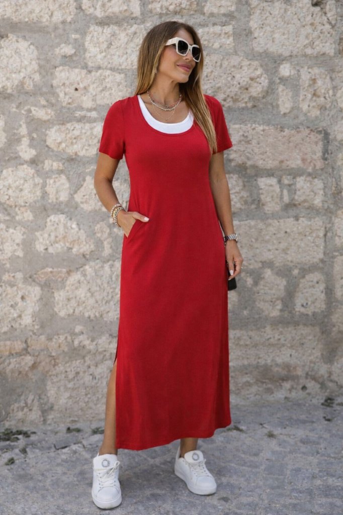 Women's Short Sleeve Inner Tank Look Side Slit Long Viscose Dress