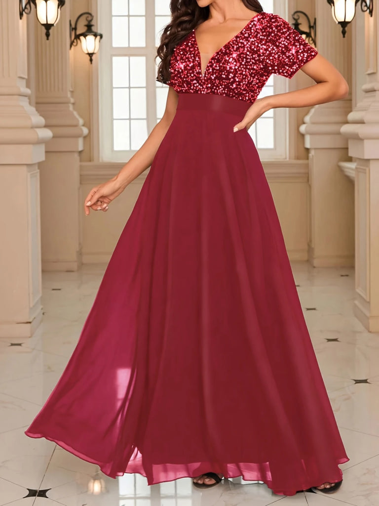 Women's Short Sleeve Deep V Neck A-Line Sequin Detail Chiffon Bridesmaid Dress