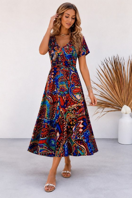 Women's Short Sleeve V-Neck Patterned Long Supreme Dress