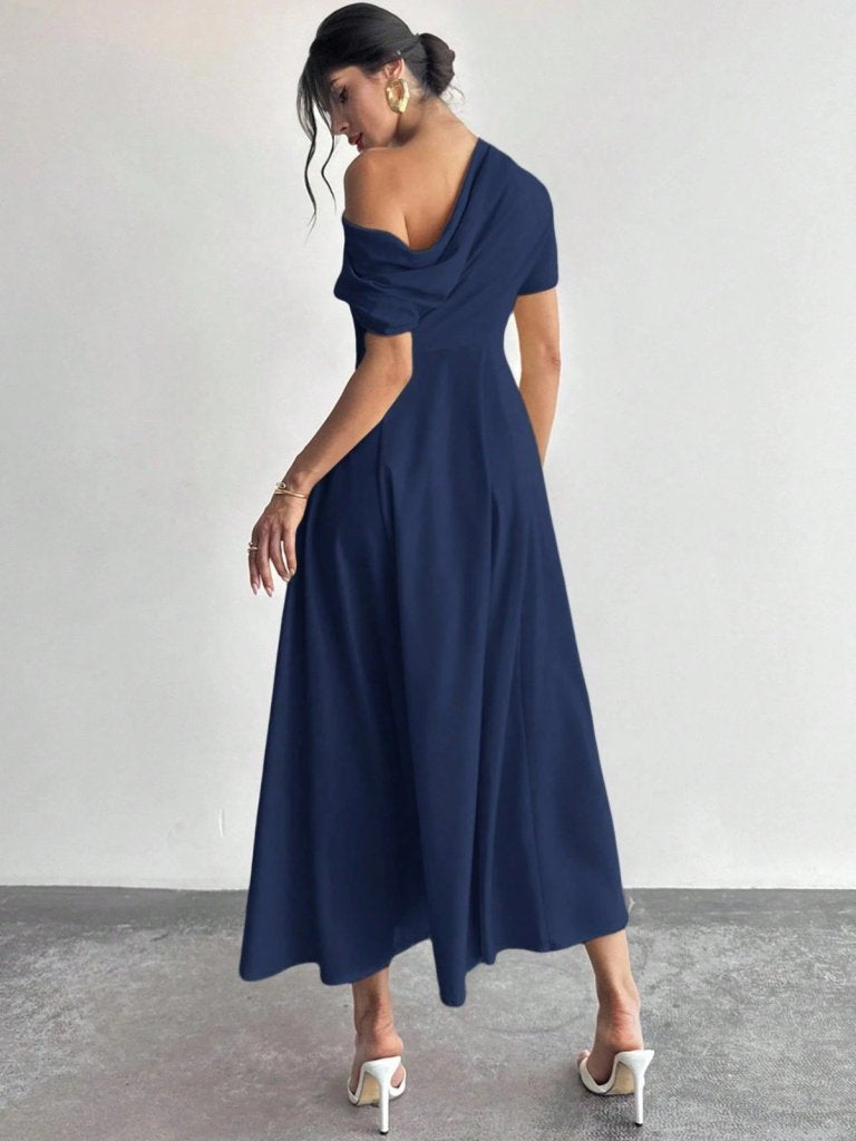 Women's Off-Shoulder Short Sleeve Pleated Shoulder Long Janjan Crepe Dress