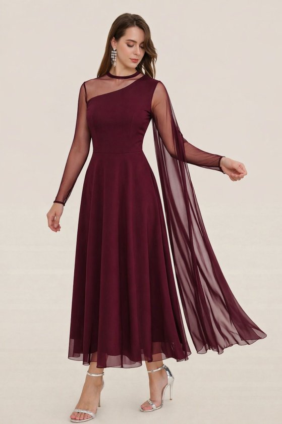 Women's Long Sleeve Semi-Turtleneck Mesh Detailed Long Sandy Dress