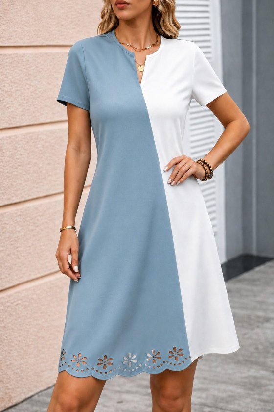 Women's Short Sleeve V-Neck Two-Tone Short Laser Cut Floral Detailed Imported Crepe Dress