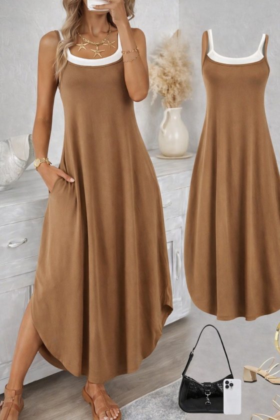 Women's Spaghetti Strap Round Neck Pocket Long Viscose Dress