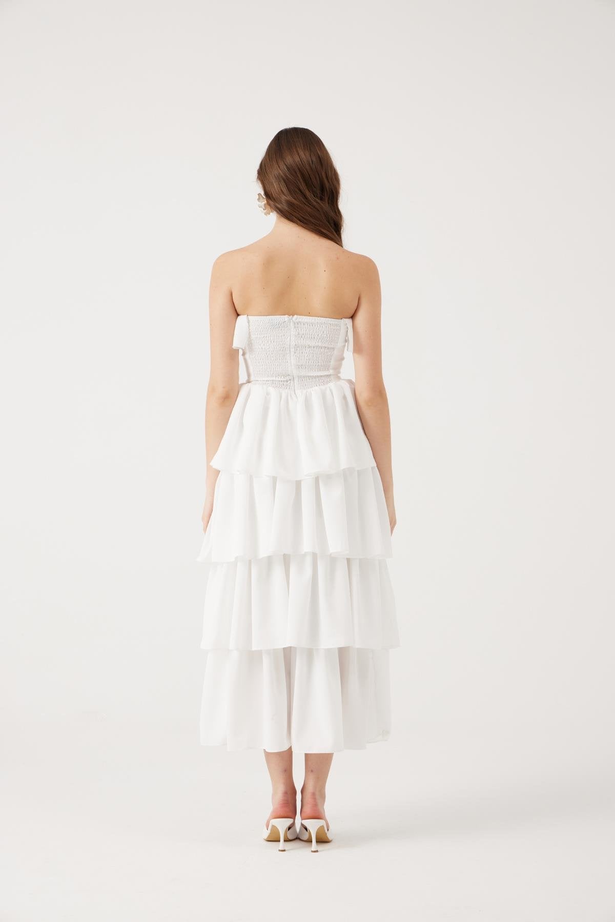 Straplez Fırfırlı Uzun Gracie Elbise Beyaz