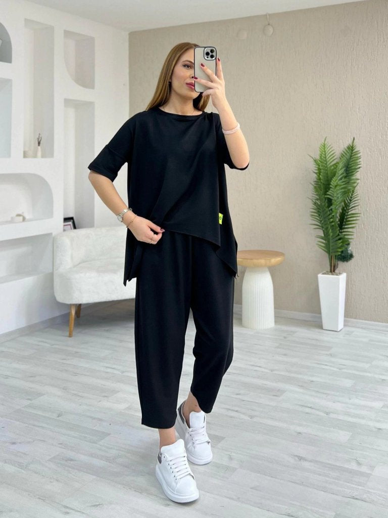 Kadın Kısa Kollu Bisiklet Yaka Viskon İki İplik Bluz Ve Pantolon Ikili Takım