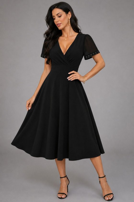 Women's Short Sleeve V-Neck Short Janjan Crepe Dress with Tulle Stone Details on Sleeves