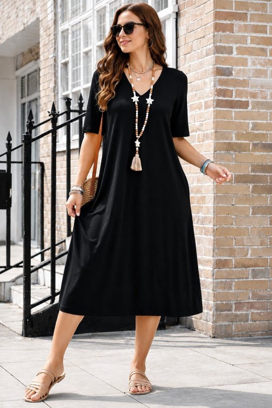 Women's Short Sleeve V-Neck Pocket Detail Midi Viscose Dress
