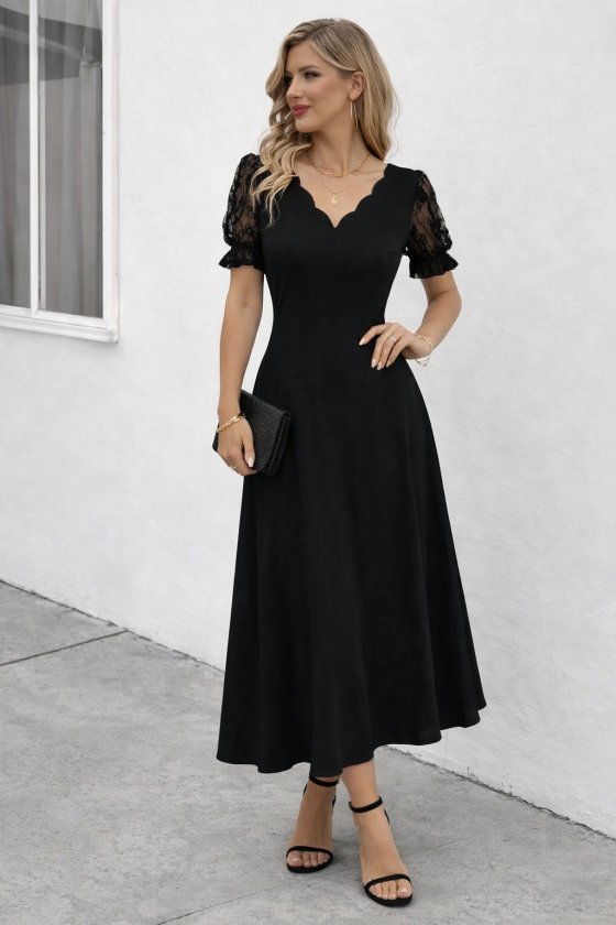 Women's Short Sleeve V Neck Long Ruffle Dress