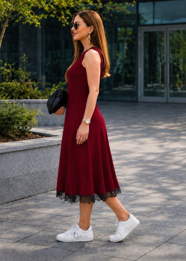 Women's Strap Round Neck Lace Hem Midi Dress