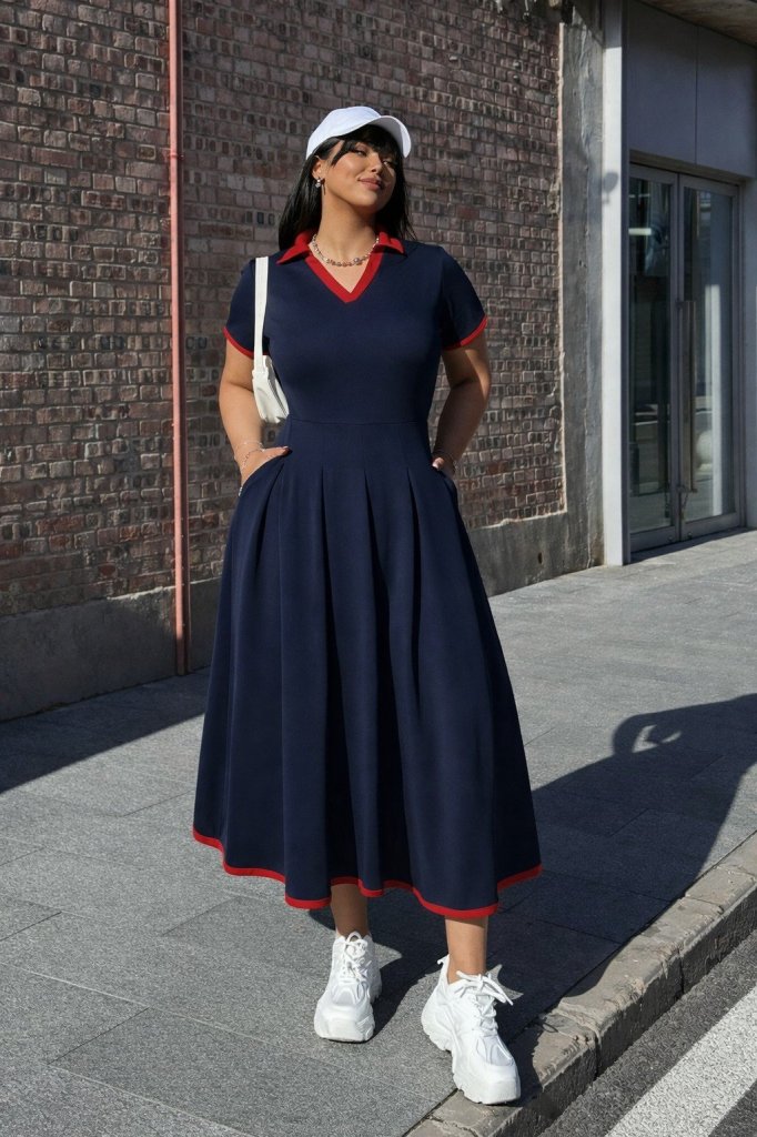 Women's Short Sleeve V Neck Pleated Long Ruffled Crepe Dress