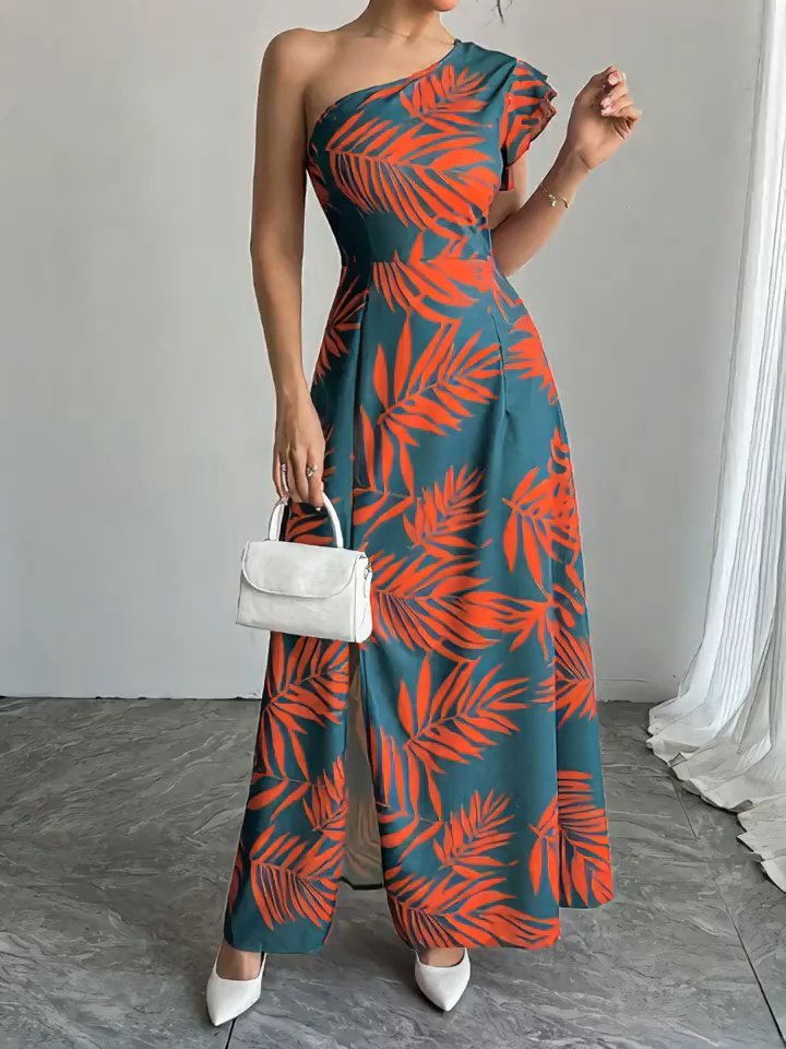 Women's One-Shoulder Open Slit Long Patterned Dress