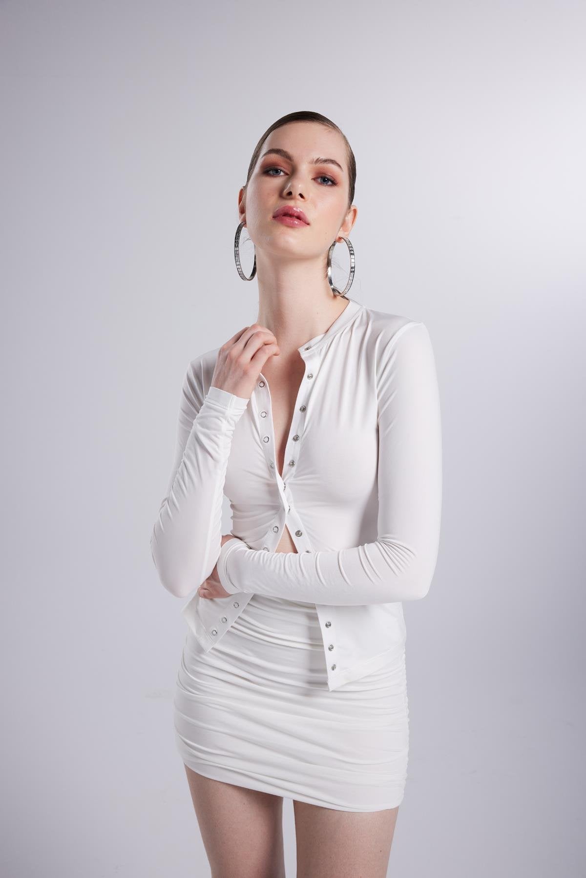 Çıtçıtlı Uzun Kollu Anna Bluz Beyaz