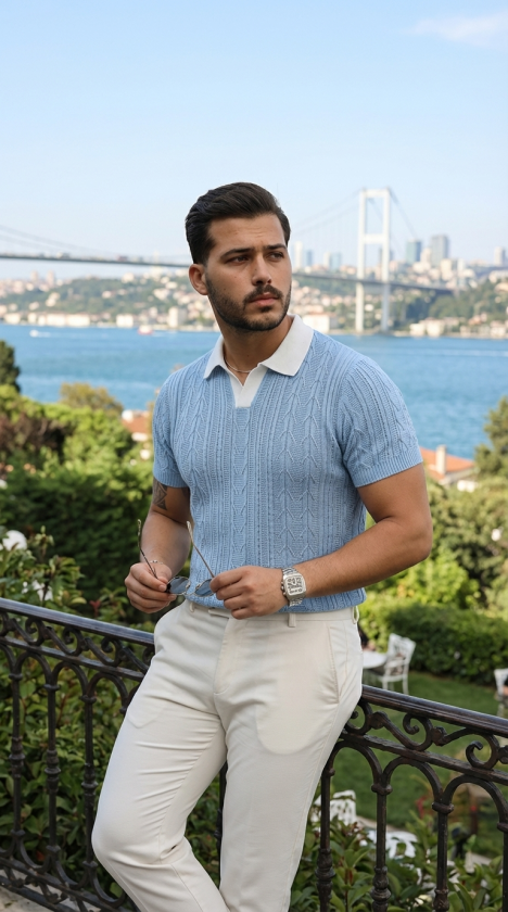 Men's Patterned Short Sleeve Knit T-Shirt - 100% Cotton Acrylic