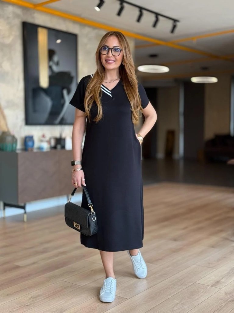 Women's Short Sleeve V Ribbed Collar Slit Midi Viscose Double Thread Dress
