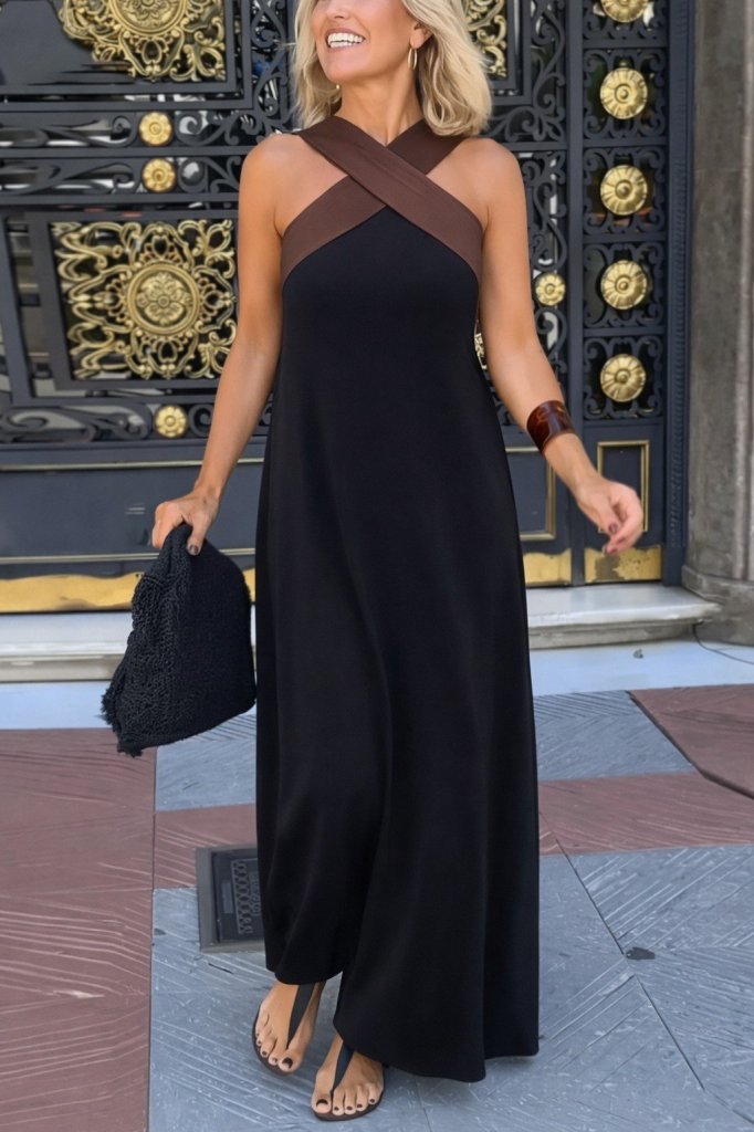 Women's Front Cross Detail Two-Tone Long Viscose Dress