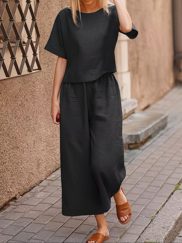 Women's Short Sleeve Boat Neck Blouse and Pants Two-Piece Set