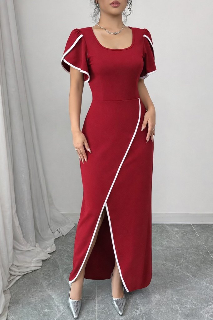 Women's Short Sleeve Square Neck Front Cross Cut Detail Crepe Dress