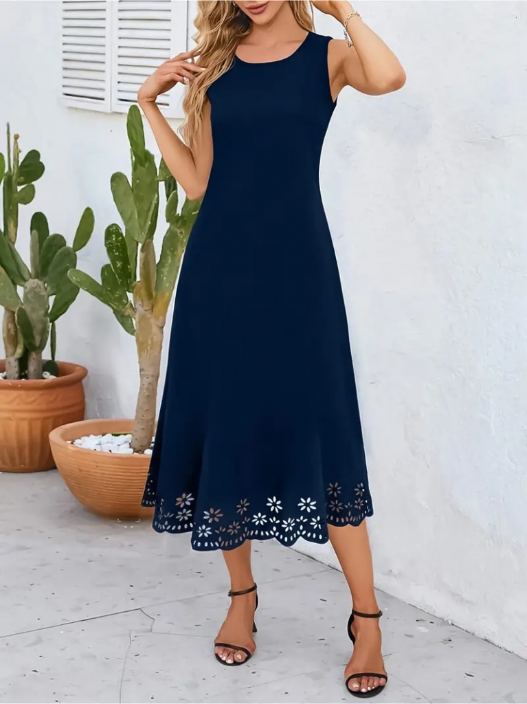 Women's Sleeveless Laser Cut Floral Patterned Midi Length Imported Crepe Dress