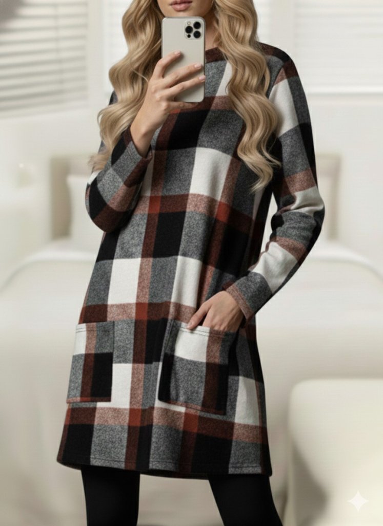 Women's Long Sleeve Semi-Turtleneck Pocket Detail Plaid Woven Tunic
