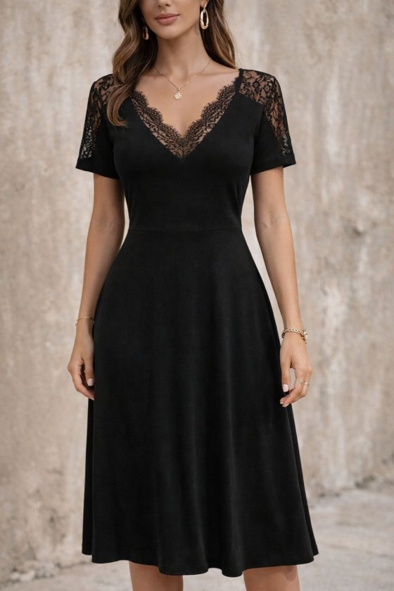 Women's Short Sleeve V Lace Neck Midi Viscose Dress
