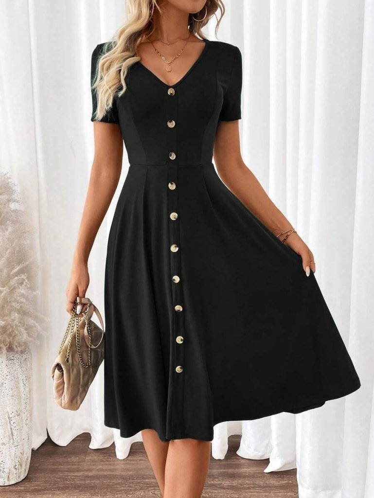 Women's Short Sleeve V-Neck Front Buttoned Short Flared Viscose Dress