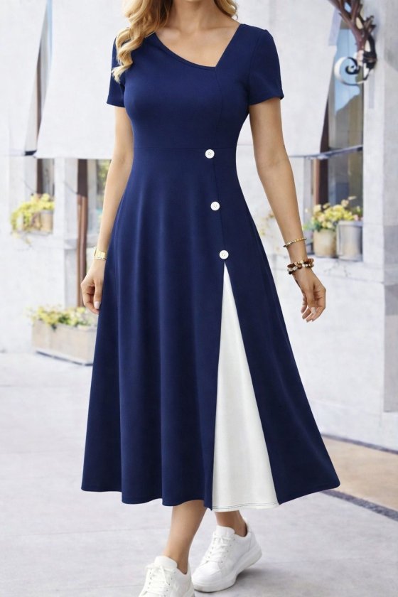 Women's Short Sleeve Asymmetric Collar Button Detail Midi Viscose Dress