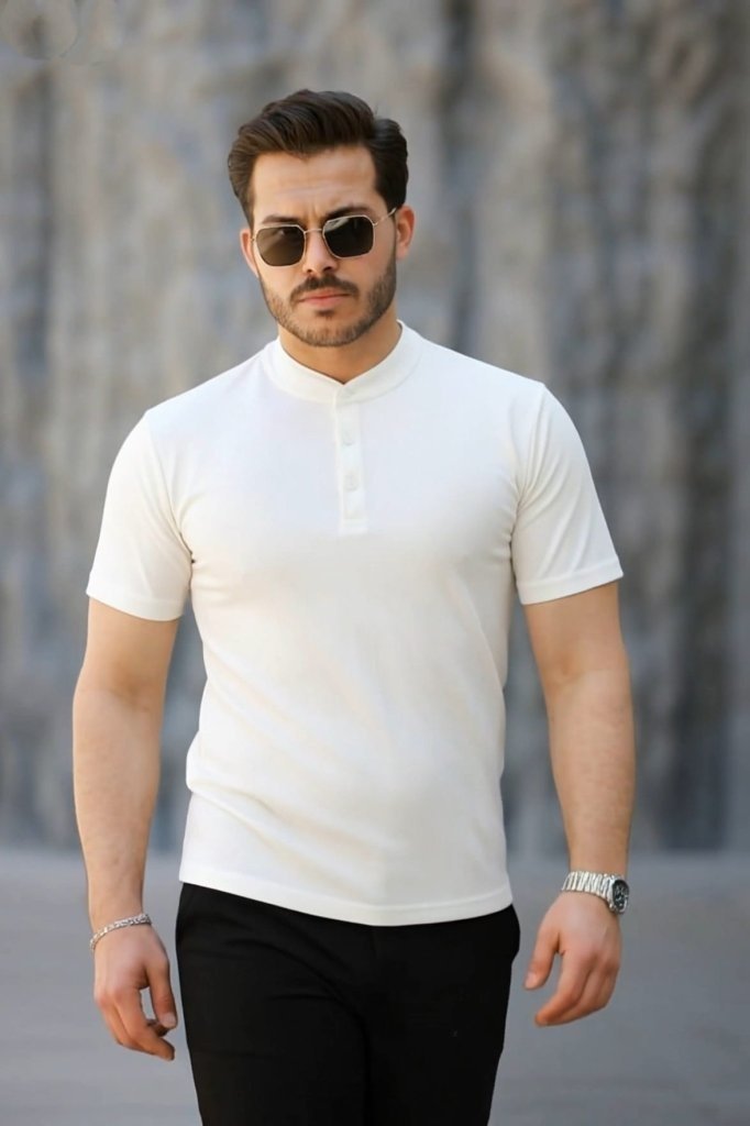 Men's Short Sleeve Mandarin Collar Front Buttoned Viscose Blouse