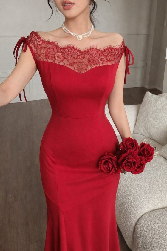 Women's Chest and Collar Lace Detail Boat Neck Look Long Imported Crepe Dress
