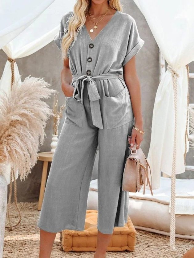 Women's Short Sleeve V-Neck Buttoned Belted Pocket Detail Long Jumpsuit