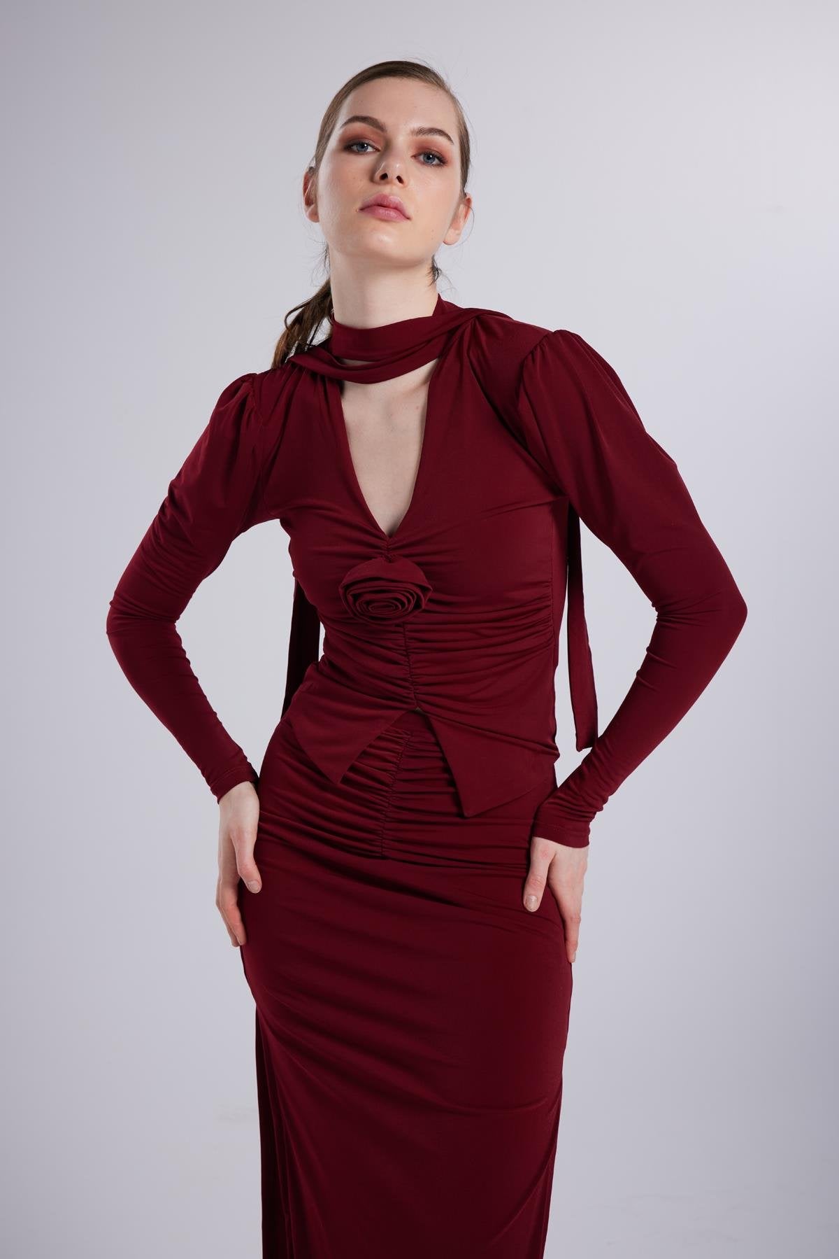 Çift Yırtmaçlı Maxi Serre Etek Bordo