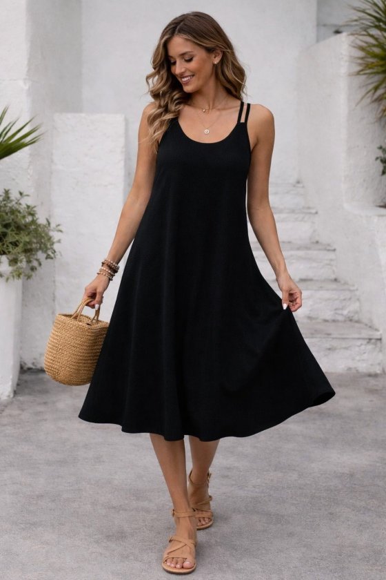 Women's Strap Round Neck Flared Long Viscose Dress