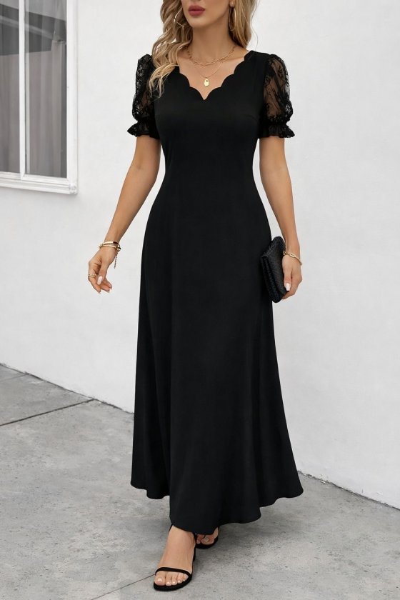 Women's Short Sleeve V Neck Long Ruffle Dress