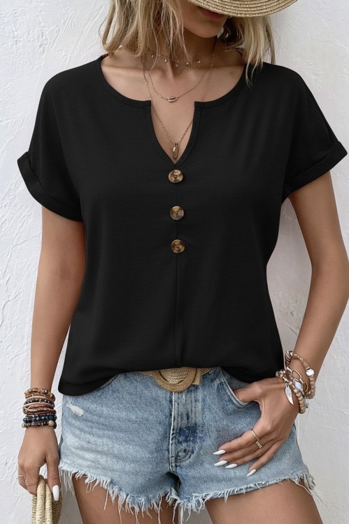 Women's Short Sleeve V Neck Buttoned Aerobin Blouse