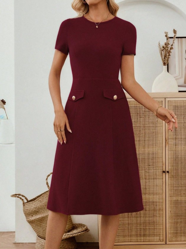 Women's Short Sleeve Crew Neck Pocket Detail Midi Imported Crepe Dress