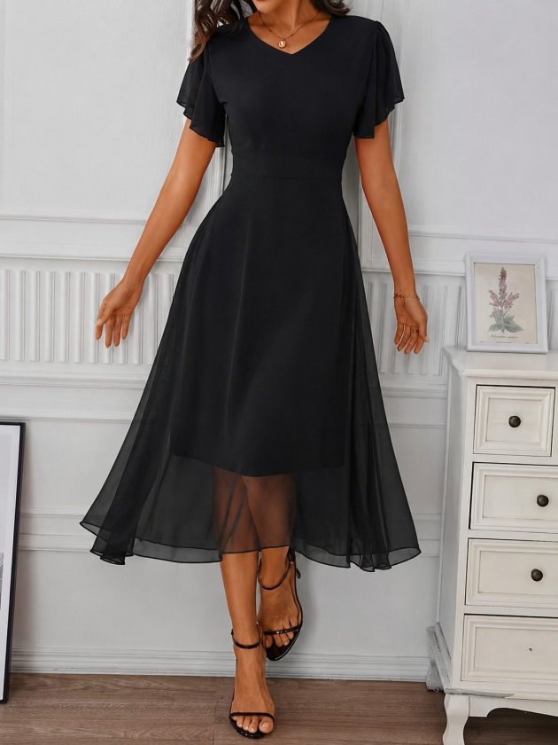 Women's Short Sleeve V-Neck Midi Lined Chiffon Dress