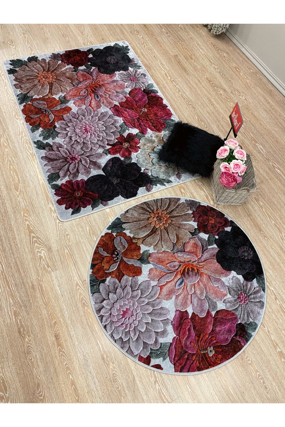Çiçek Desenli Dekoratif Yıkanabilir Yuvarlak Halı - Gri