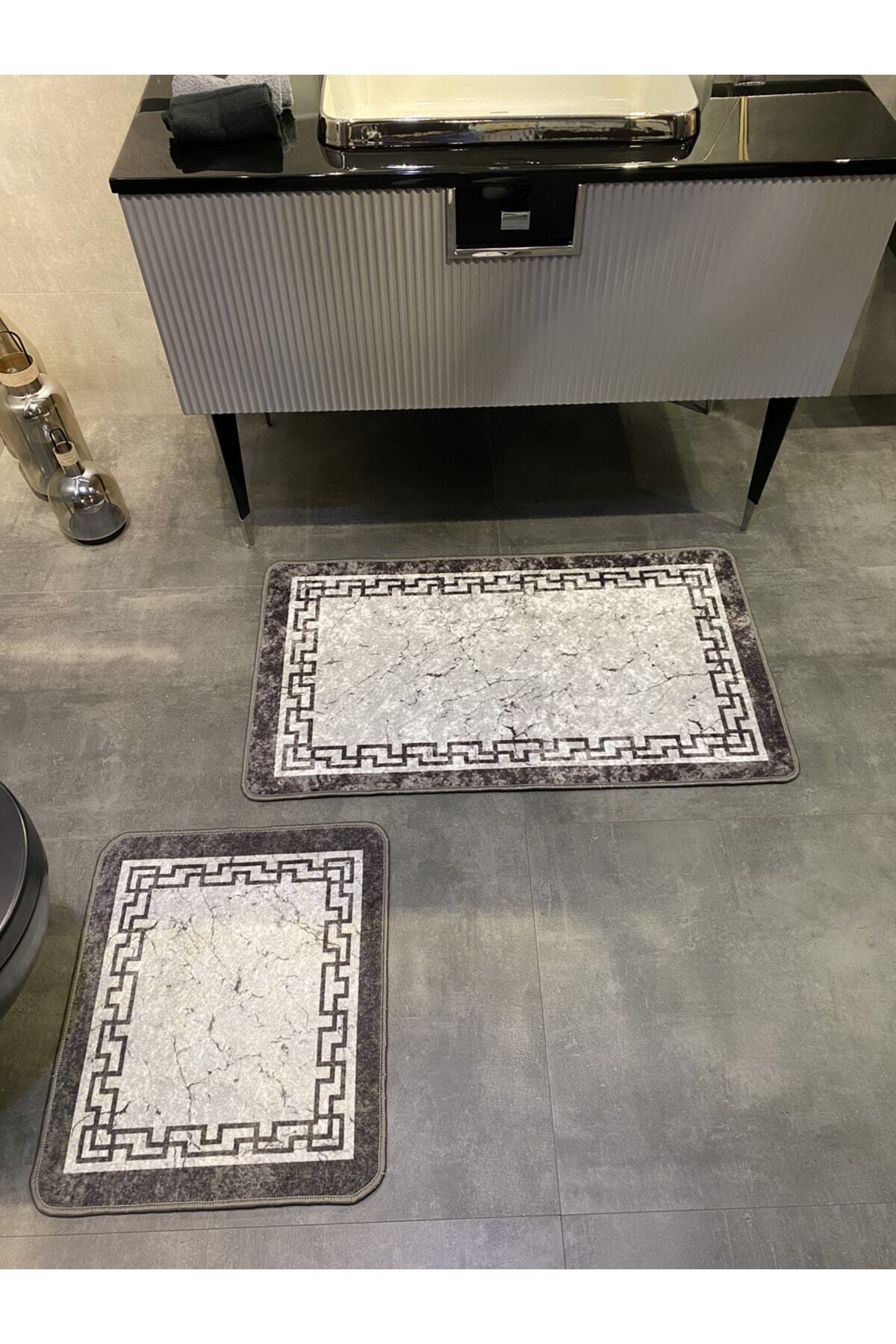 Lınaro 2'li Lateks Kaymaz Taban Su Geçirmez Banyo Paspas Takımı (60x100 - 60x50) Gri