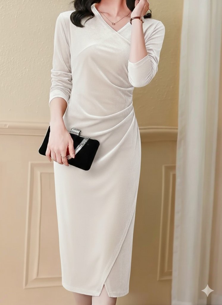 Women's Long Sleeve Wrap Collar Side Ruched Front Cross Detail Midi Velvet Dress