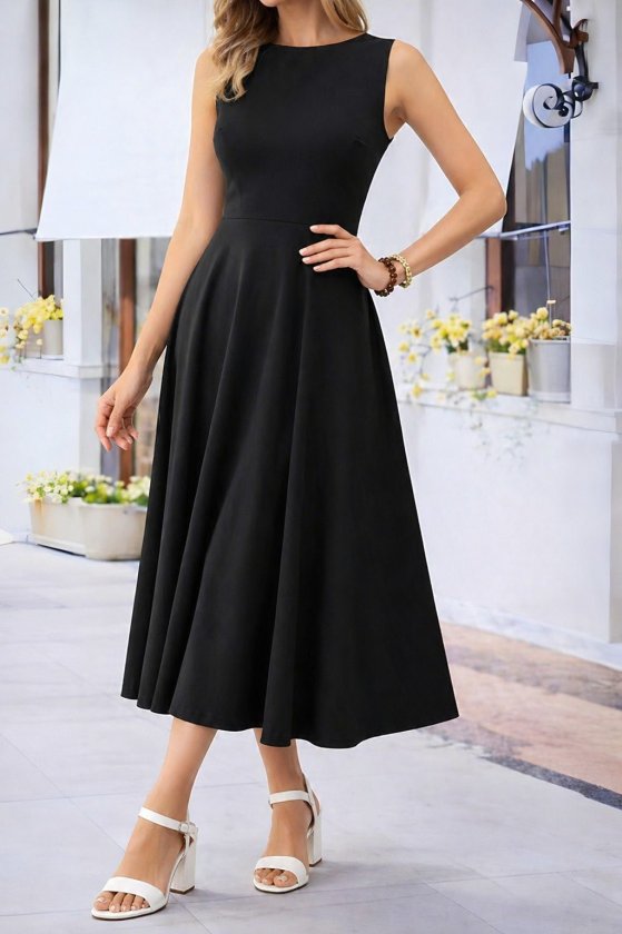Women's Off-Shoulder Boat Neck Flared Midi Viscose Dress