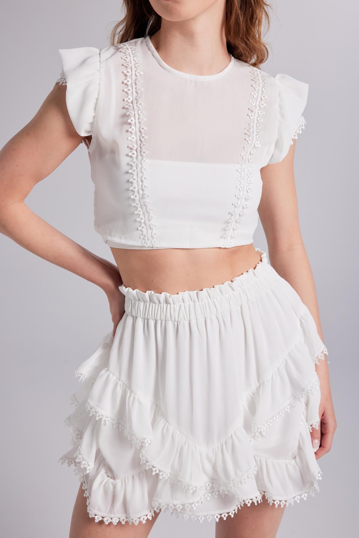 Brode Detaylı Crop Pixie Bluz Beyaz