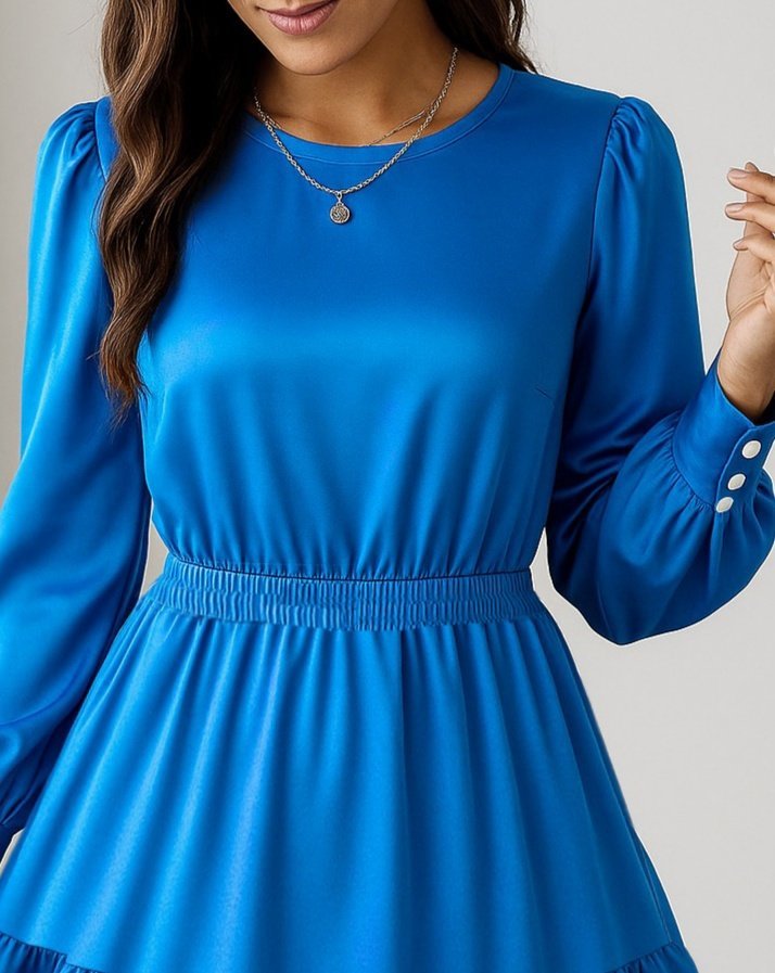 Women's Long Sleeve Crew Neck Elastic Waist Ruffled Imported Crepe Dress