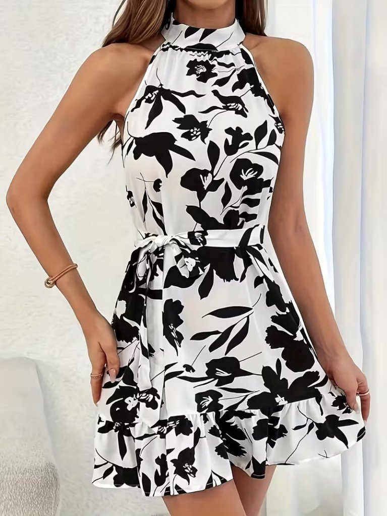 Women's Off-Shoulder Turtleneck Belted Patterned Short Supreme Dress